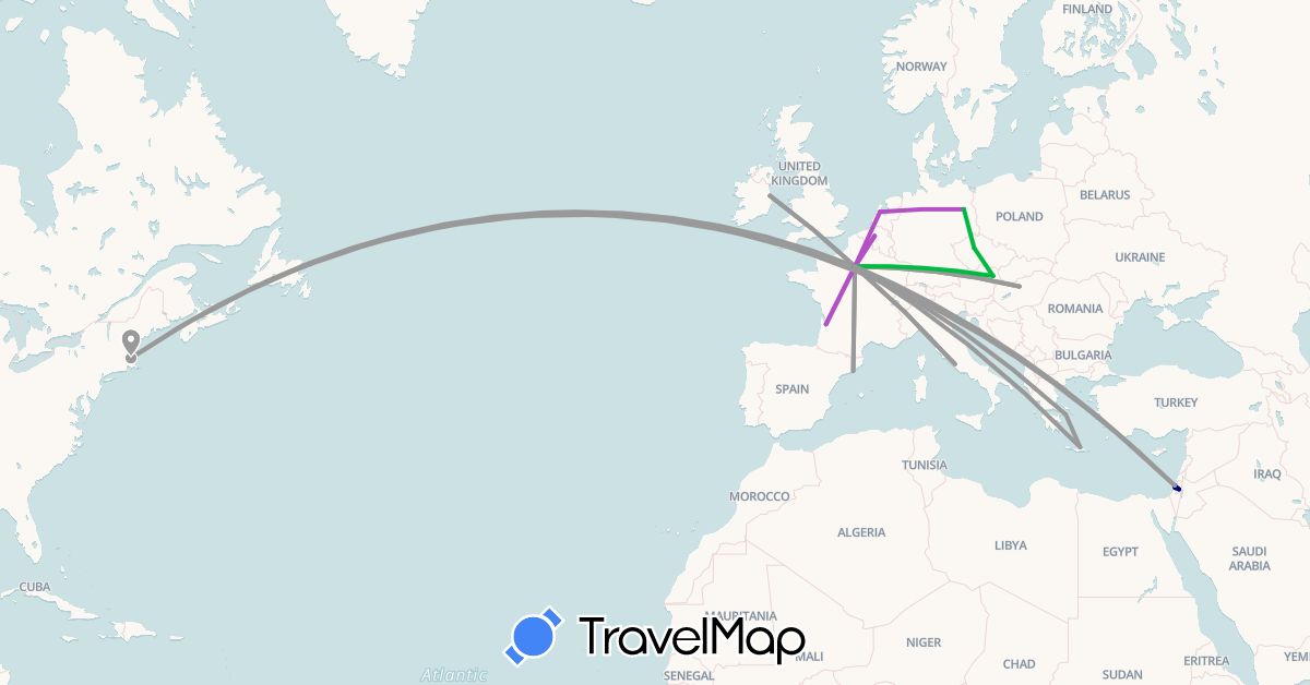 TravelMap itinerary: driving, bus, plane, train in Austria, Belgium, Czech Republic, Germany, Spain, France, Greece, Hungary, Ireland, Israel, Italy, Netherlands, United States (Asia, Europe, North America)